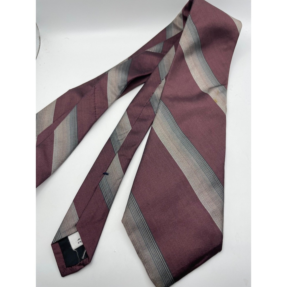 Vintage Silk Striped Necktie Burgundy Grey Silver RN 51093 Classic Mens Tie